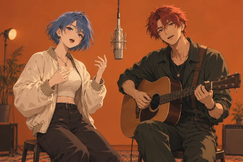 Original blue-haired and red-haired anime characters in an orange studio