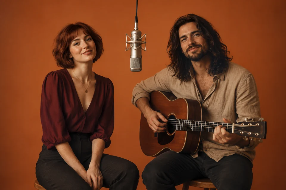 A couple in burgundy and tan sharing an orange recording booth