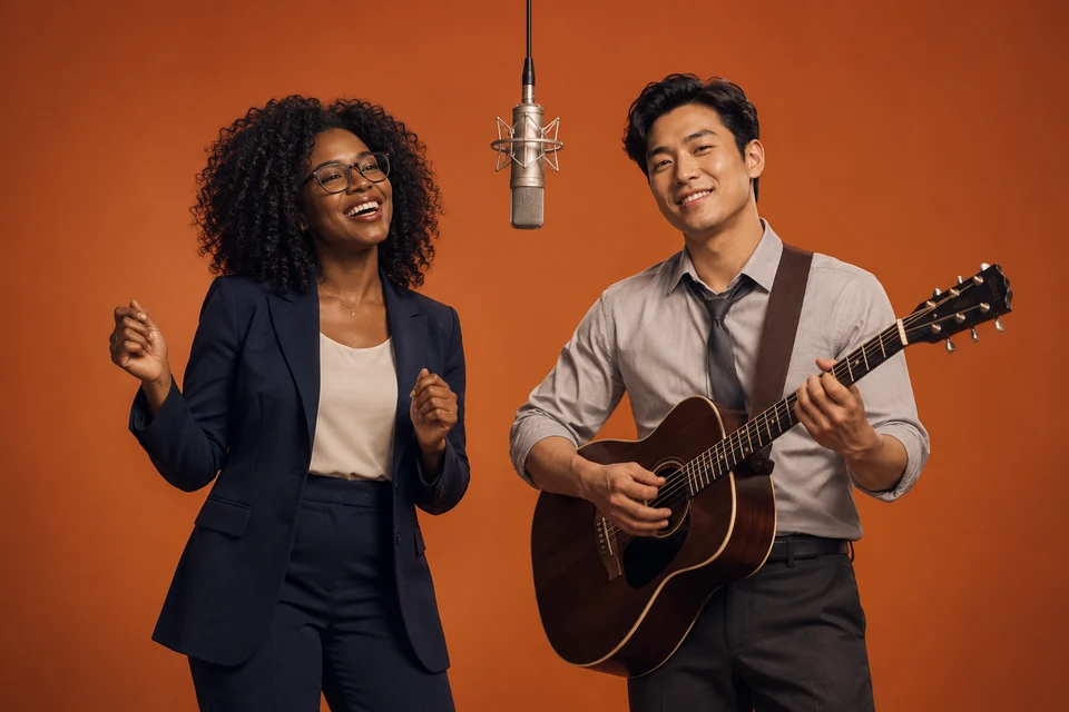 Two coworkers in office clothes performing in an orange booth