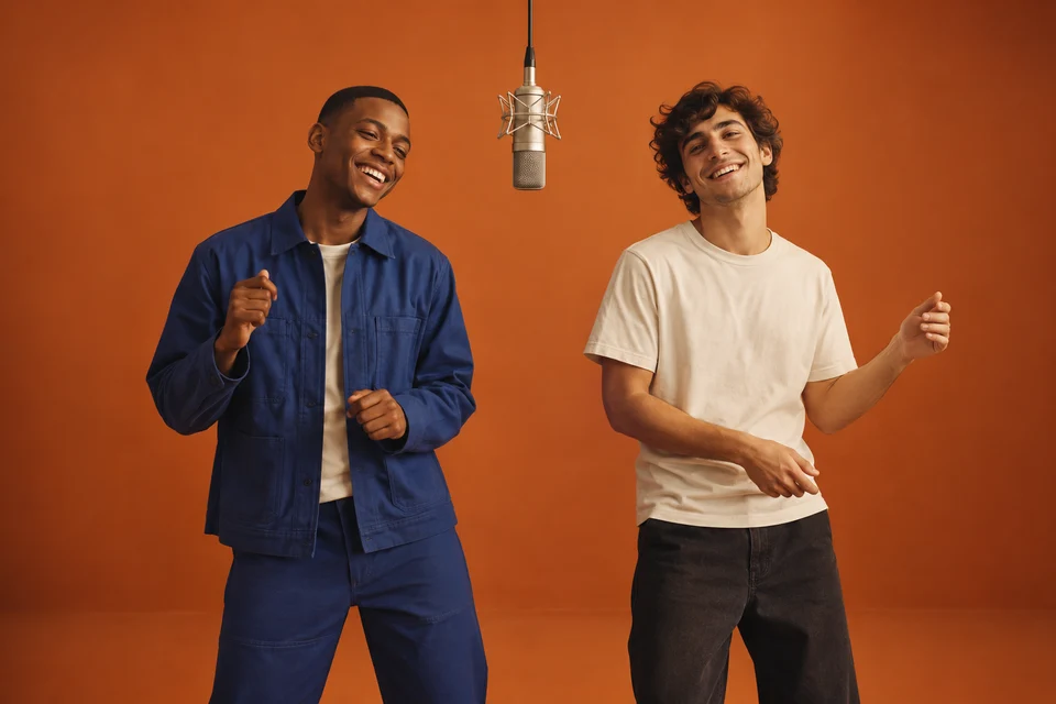 Two friends in blue and ivory outfits performing beside a studio microphone