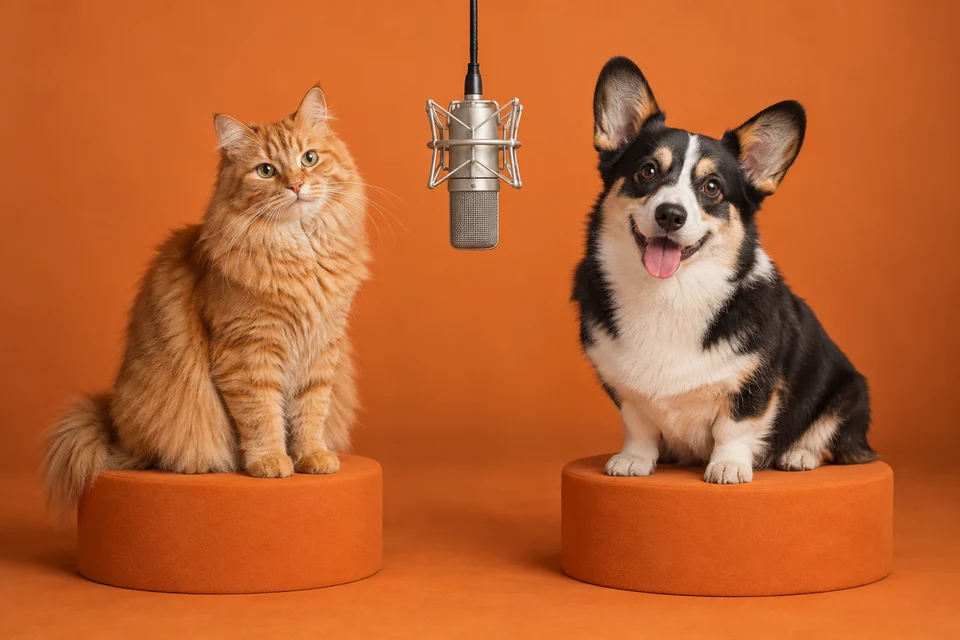 An orange tabby cat and a black and white corgi beside a microphone